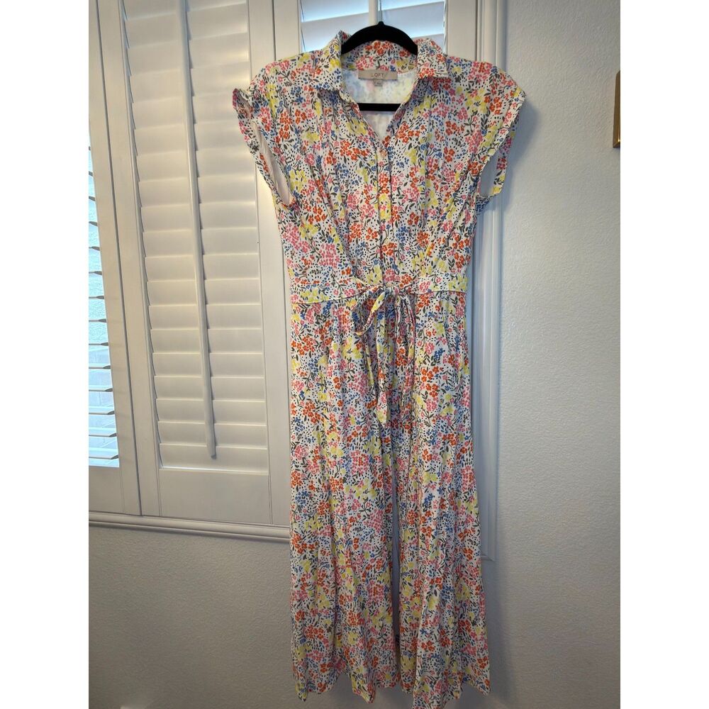 LOFT Floral Midi Pocket Shirtdress Short Sleeve Tie Waist Button Front Size 8